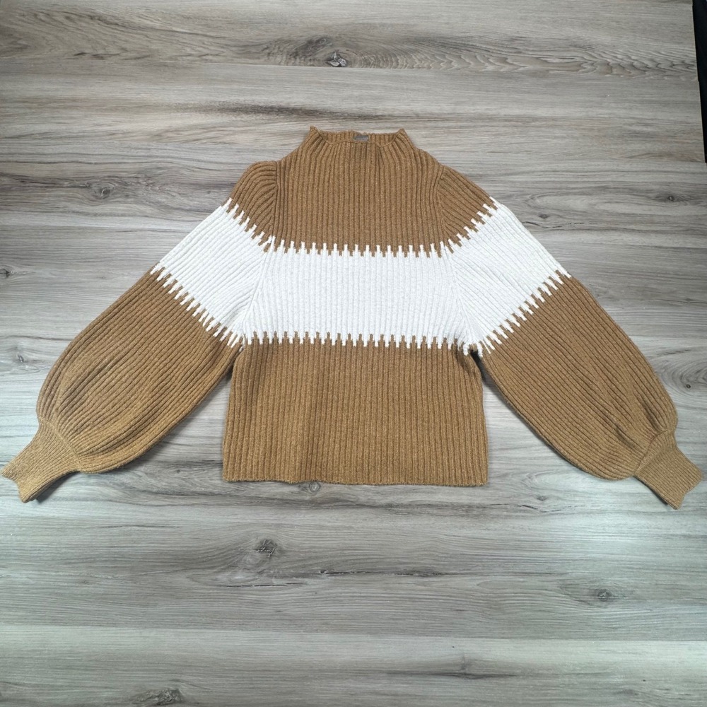 French Connection Brown White Ribbed Mock Neck Balloon Sleeve Sweater XS